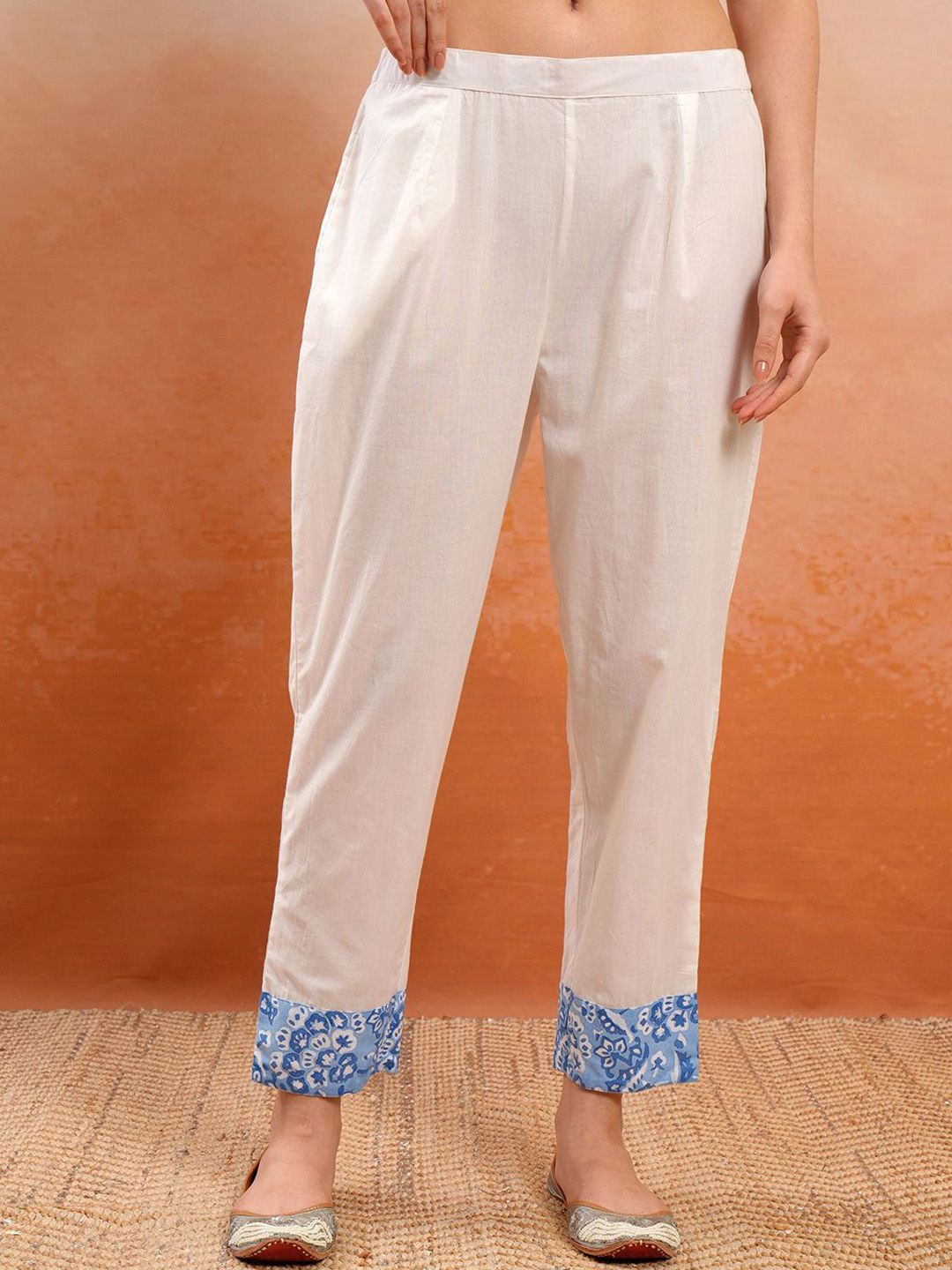 Vishudh White Printed Thread Work Pure Cotton Anarkali Kurta With Trousers & Dupatta