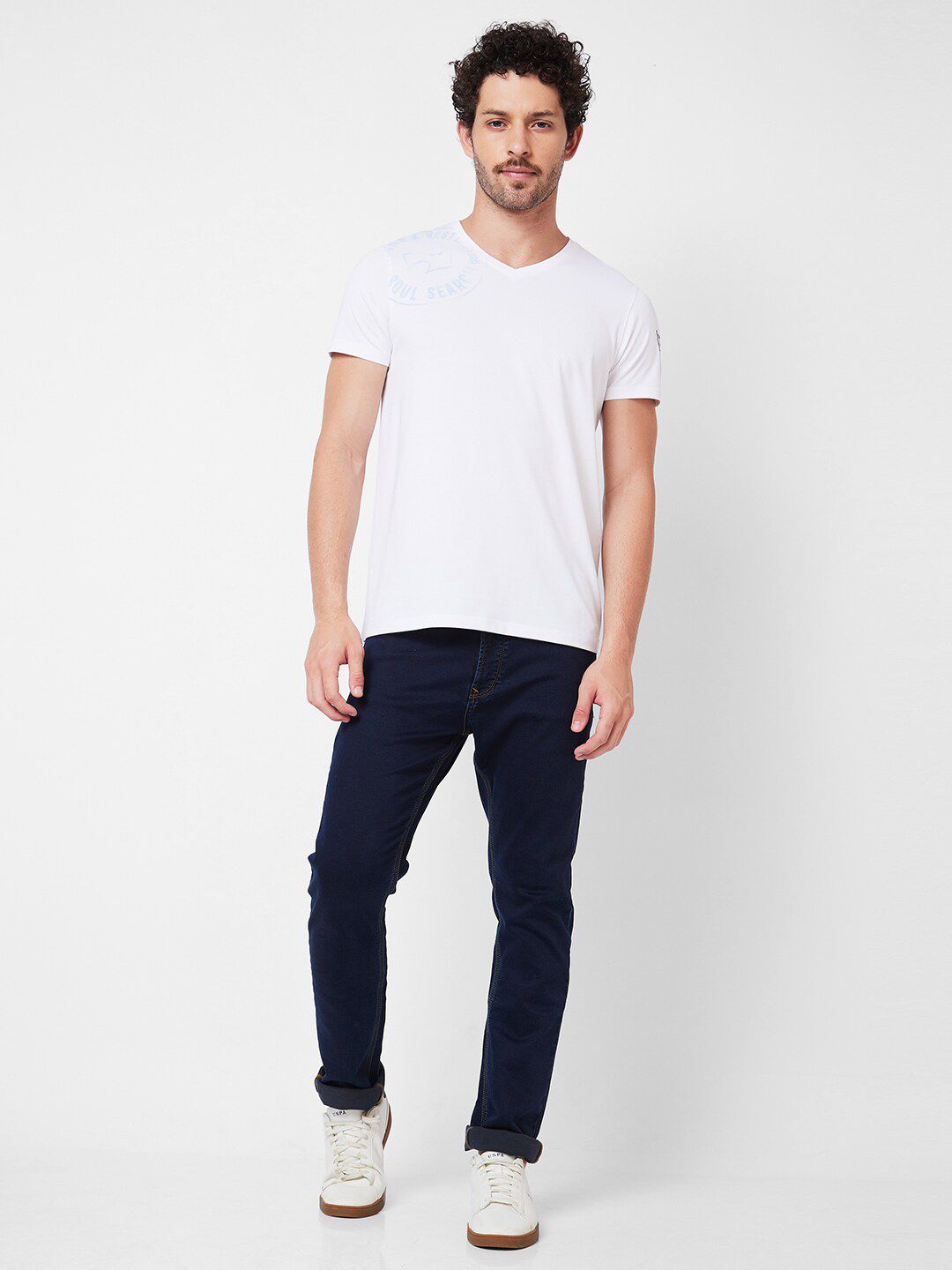 SPYKAR Typography Printed V-Neck Half Sleeves Slim Fit Cotton Casual T-shirt