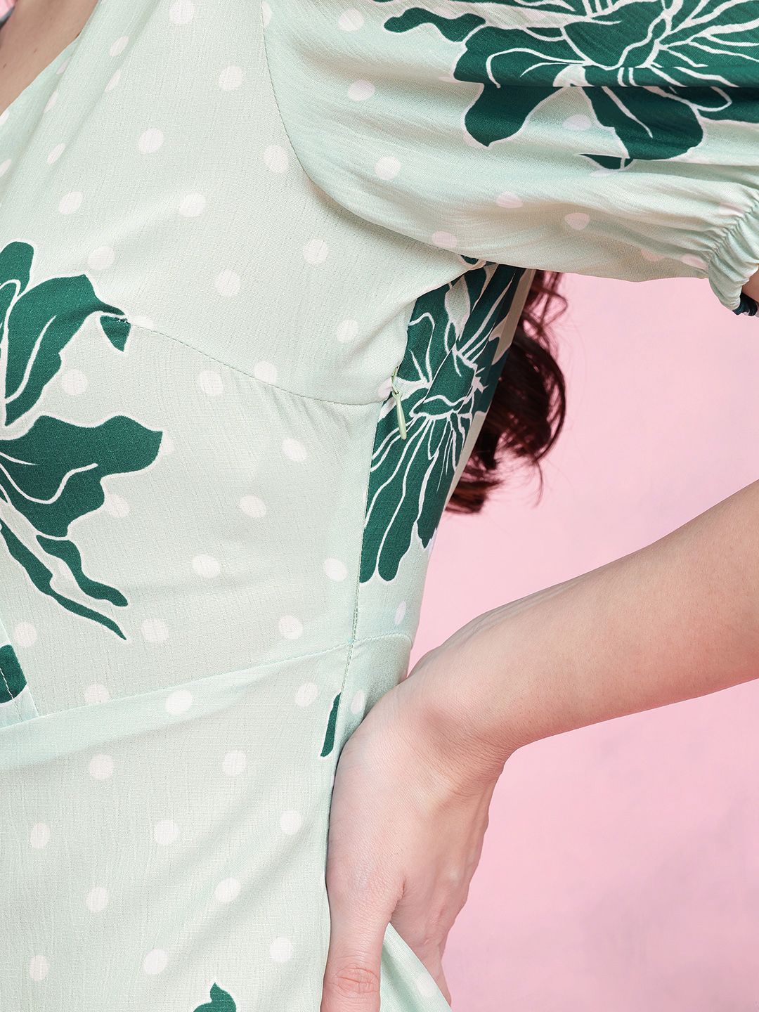 DressBerry Floral Print Puff Sleeves Wrap-Style Satin A-Line Dress
