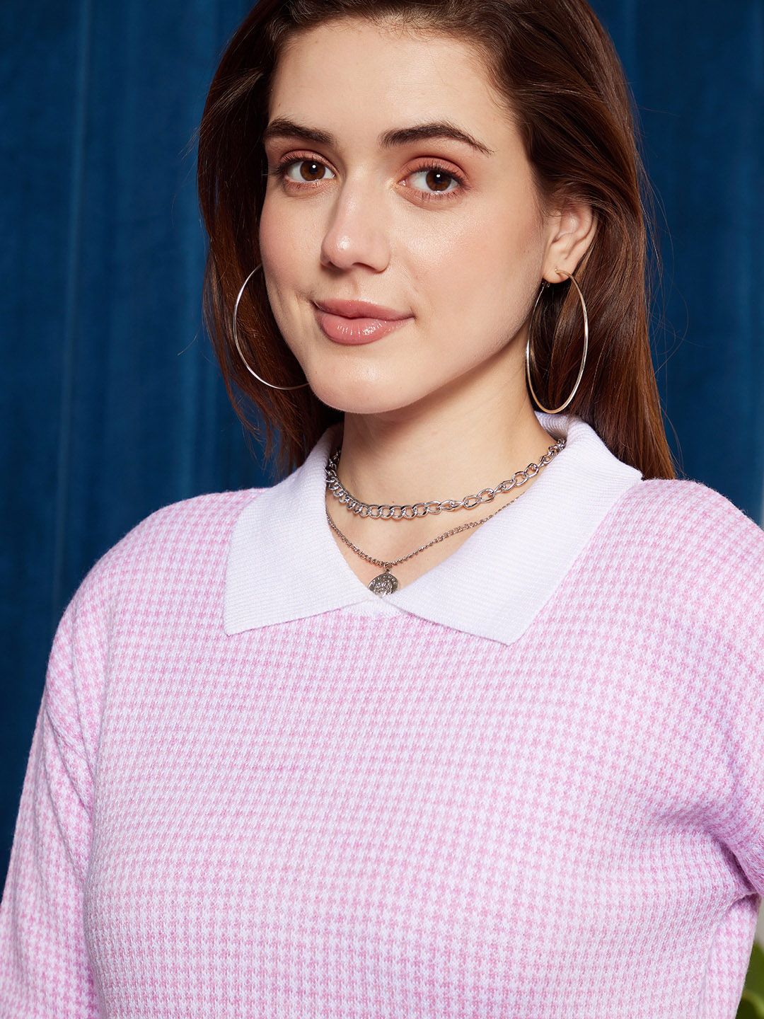 Berrylush Lavender & White Houndstooth Pattern Contrast Collar Acrylic Pullover Sweater