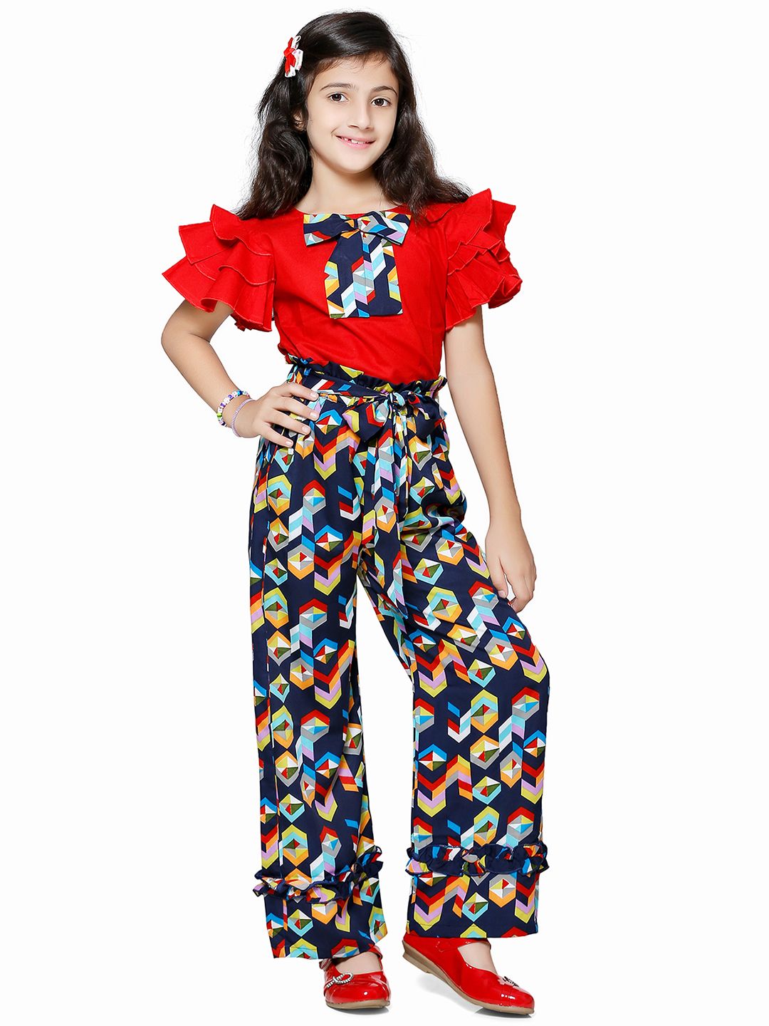 Cutiekins Girls Red & Navy Blue Printed Top With Palazzos