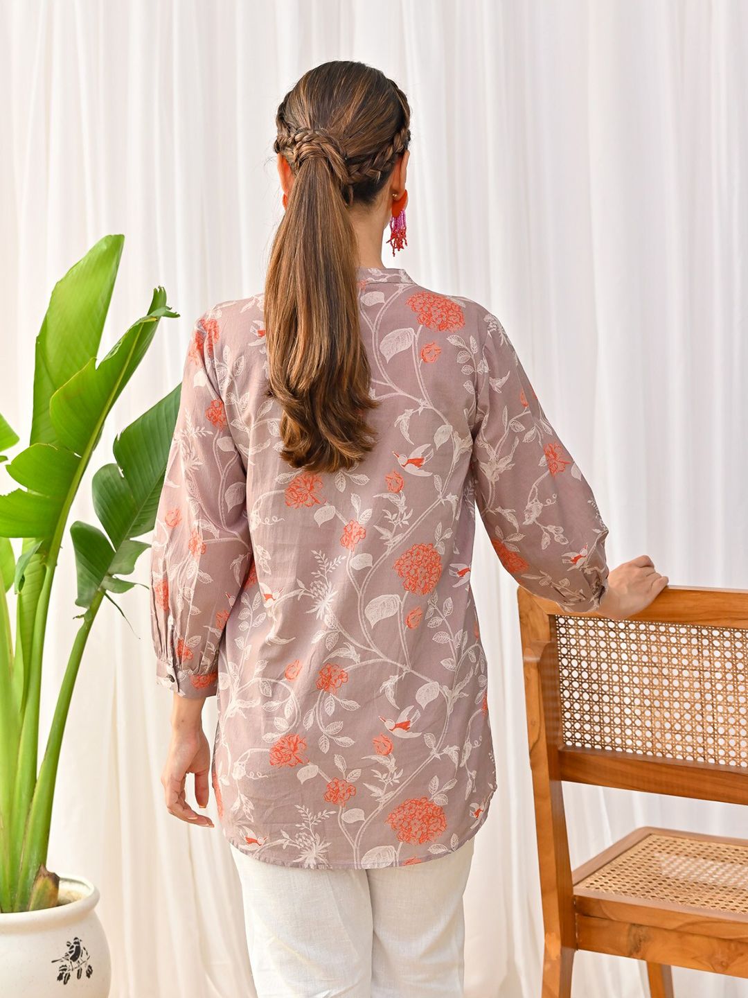 Rustorange Floral Printed Cotton Mandarin Collar Tunic