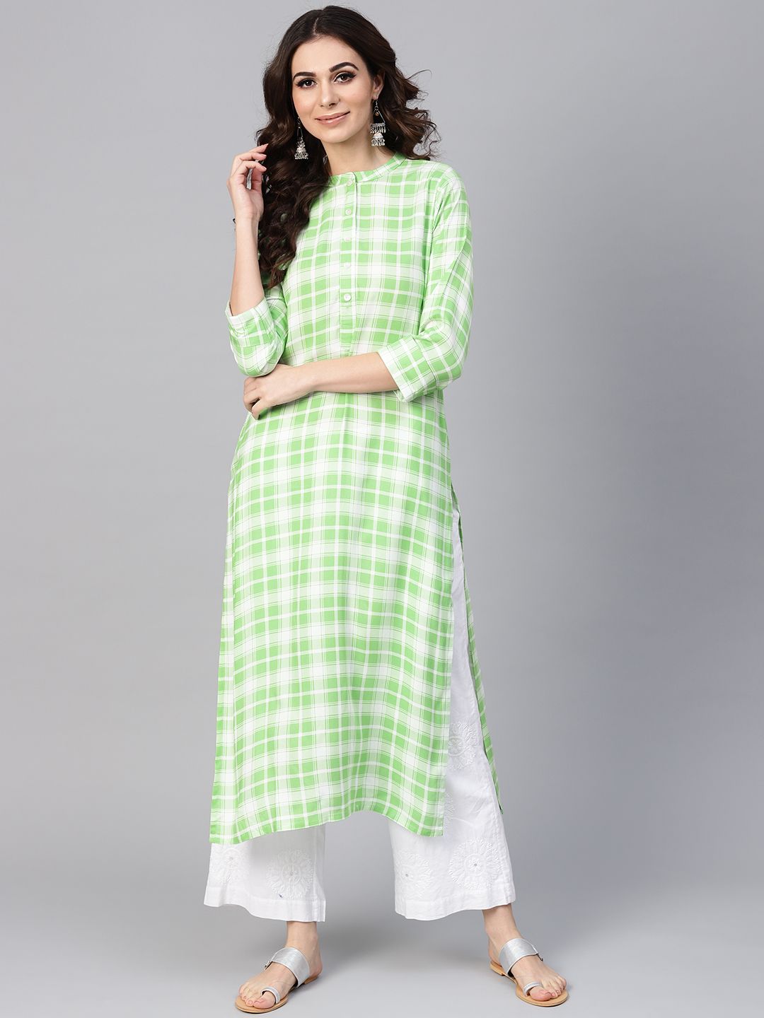 Libas Women Green & White Checked Straight Kurta