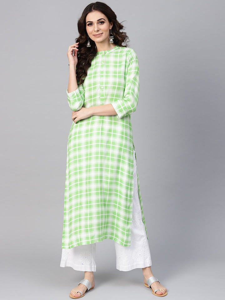 Libas Women Green & White Checked Straight Kurta