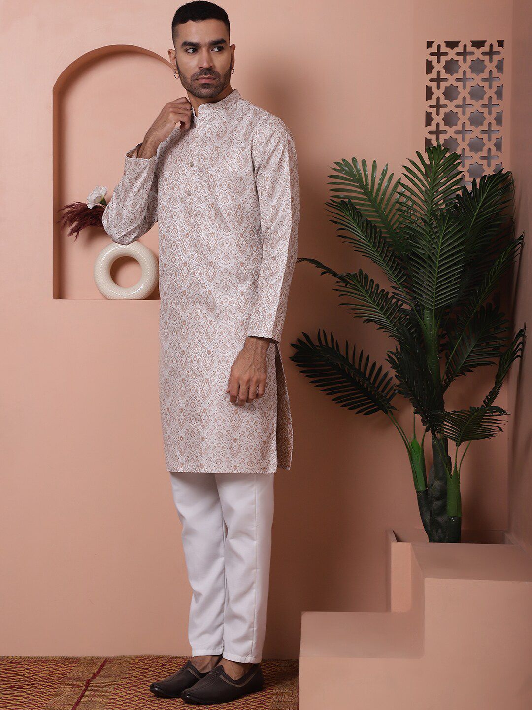 Anouk Brown Ethnic Motifs Woven Design Band Collar Straight Kurta With Pyjamas