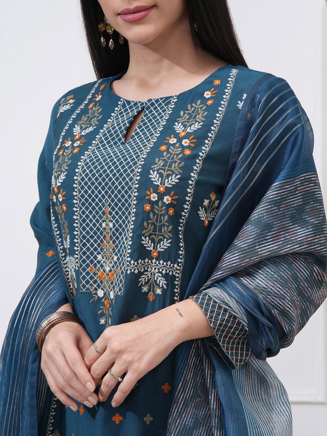Vishudh Floral Embroidered Thread Work Straight Kurta With Trouser And Dupatta