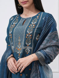 Vishudh Floral Embroidered Thread Work Straight Kurta With Trouser And Dupatta