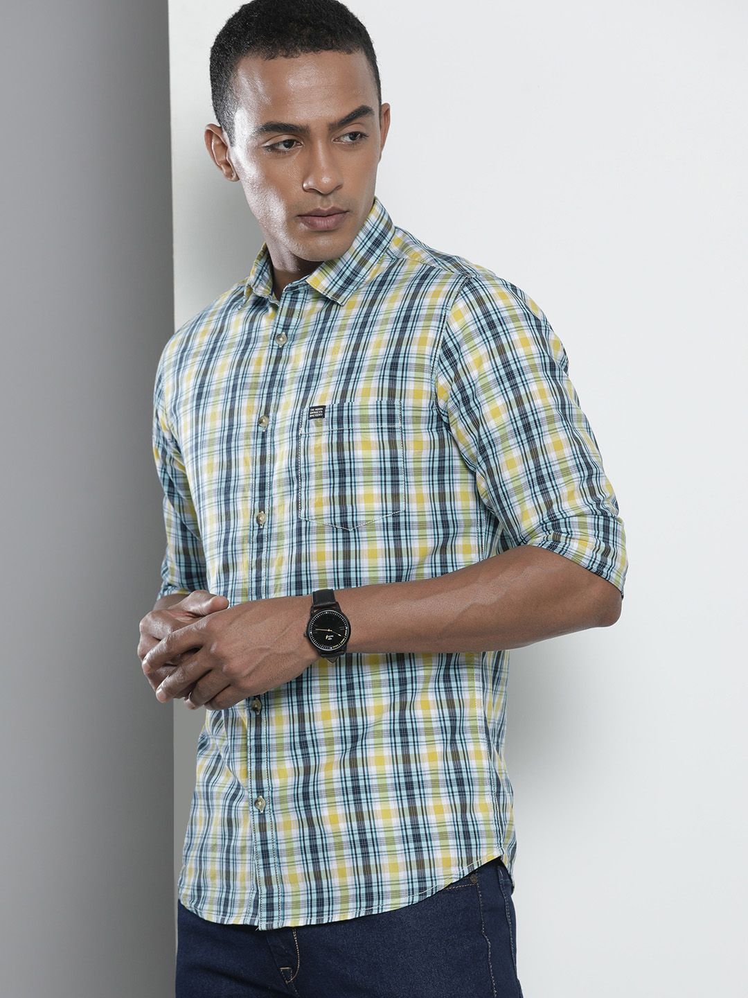 The Indian Garage Co Men Yellow Regular Fit Tartan Checks Opaque Checked Casual Shirt