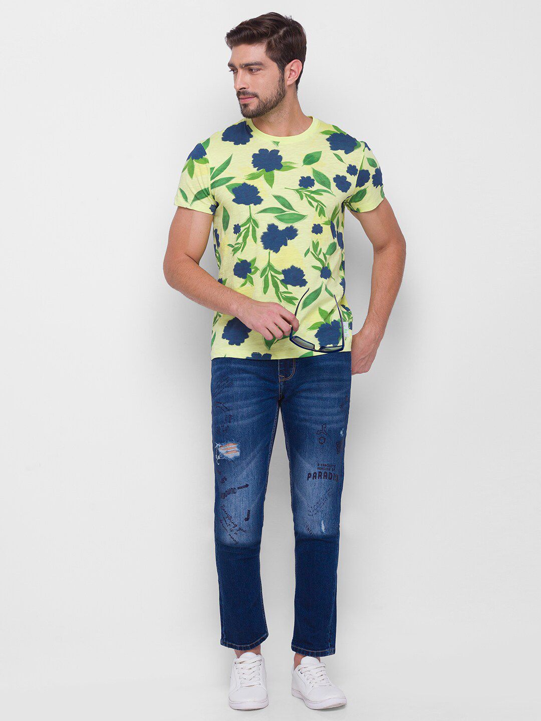 Being Human Men Yellow & Blue Floral Printed Pure Cotton T-shirt