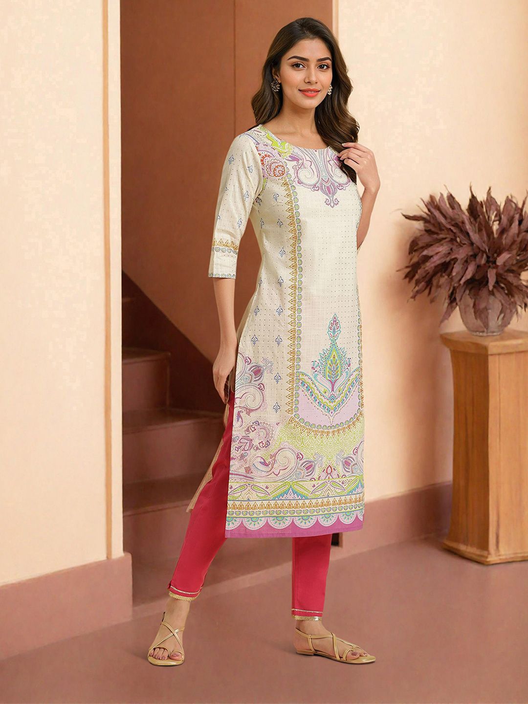 W Women Ethnic Motifs Printed Straight Pure Cotton Kurta