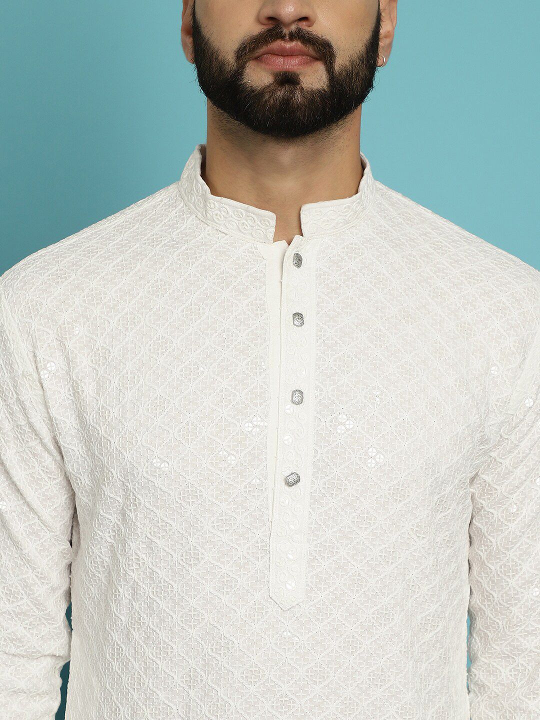 SOJANYA Kurta Kapas Tulen Kolar Mandarin Sulam Geometrik dengan Churidar