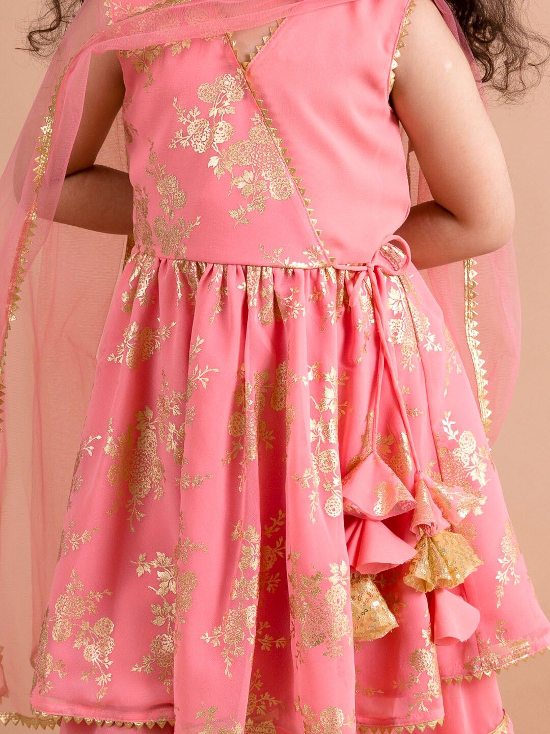 pspeaches Girls Floral Printed Angrakha Gotta Patti Kurta with Sharara & Dupatta