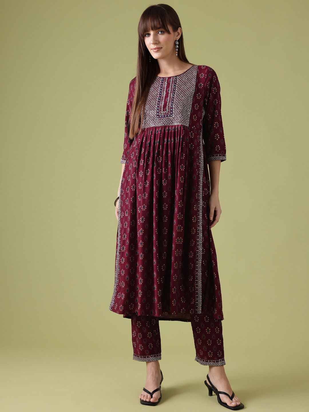 Anouk Ethnic Motifs Print Pleated Thread-Work Kurta with Trousers