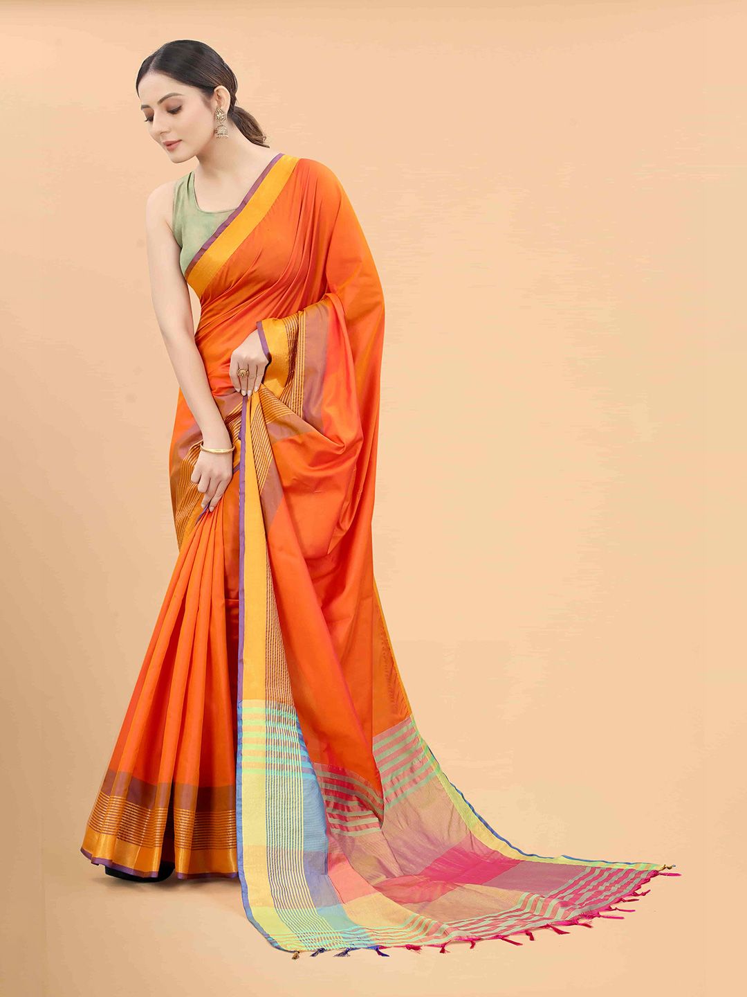Silk Land Orange & Blue Zari Art Silk Arani Saree