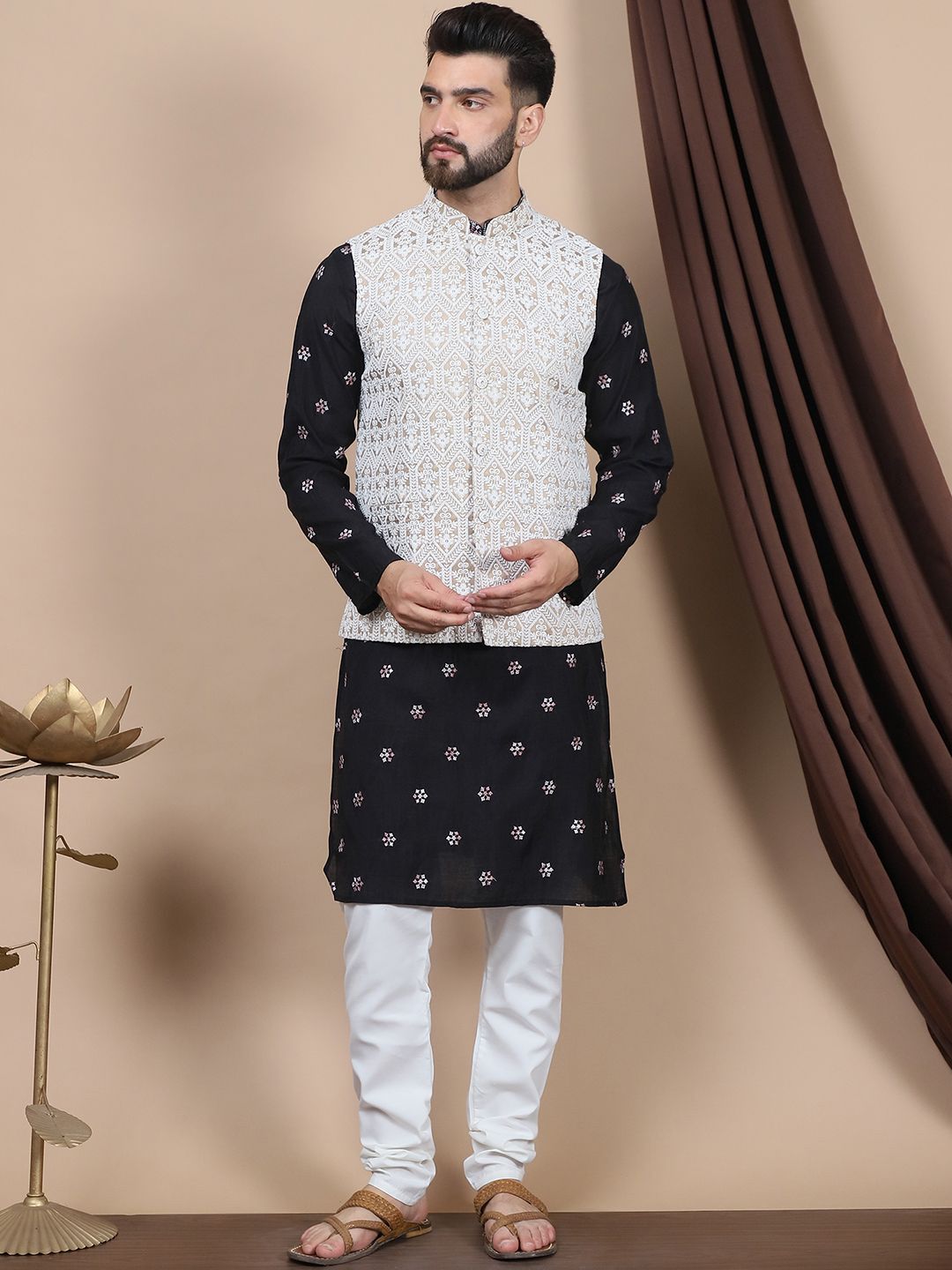 Anouk Black Embroidered Sequinned Cotton Silk Straight Kurta & Churidar & Nehru jacket