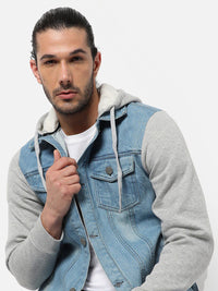 Campus Sutra Men Blue Grey Washed Colourblocked Windcheater Outdoor Denim Jacket