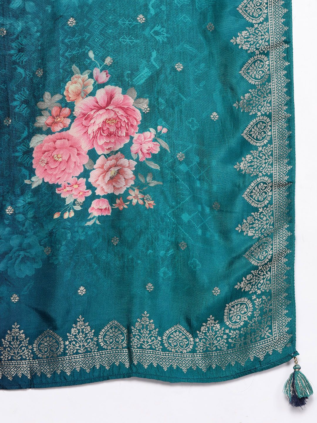 Libas Women Green Floral Pure Silk Kurta with Trousers & With Dupatta