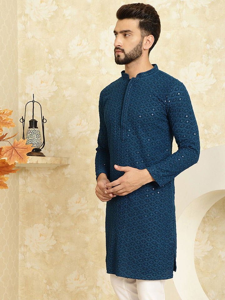 SOJANYA Men Teal Thread Work Kurta