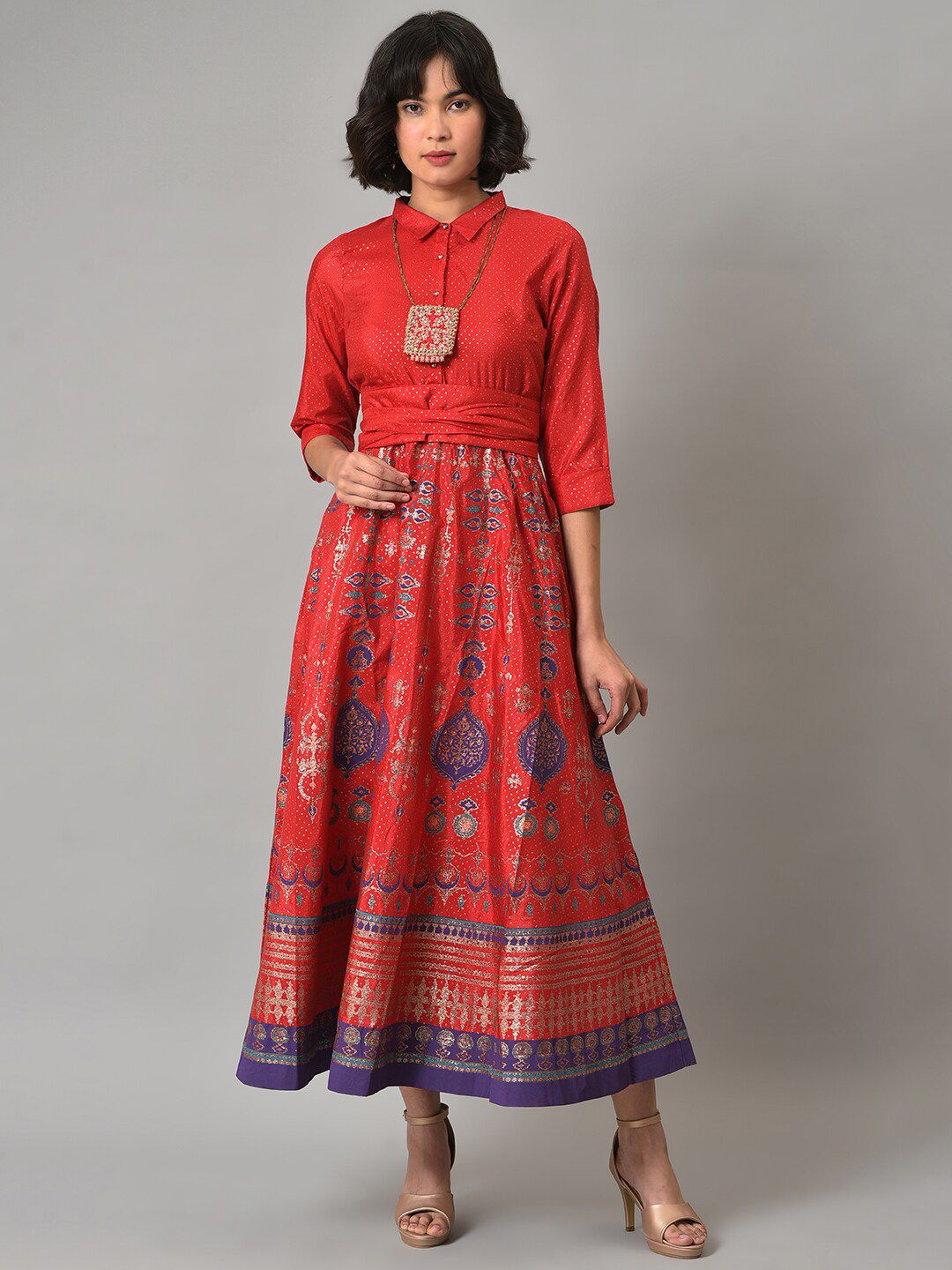 W Ethnic Motifs Printed Shirt Collar Maxi Dress