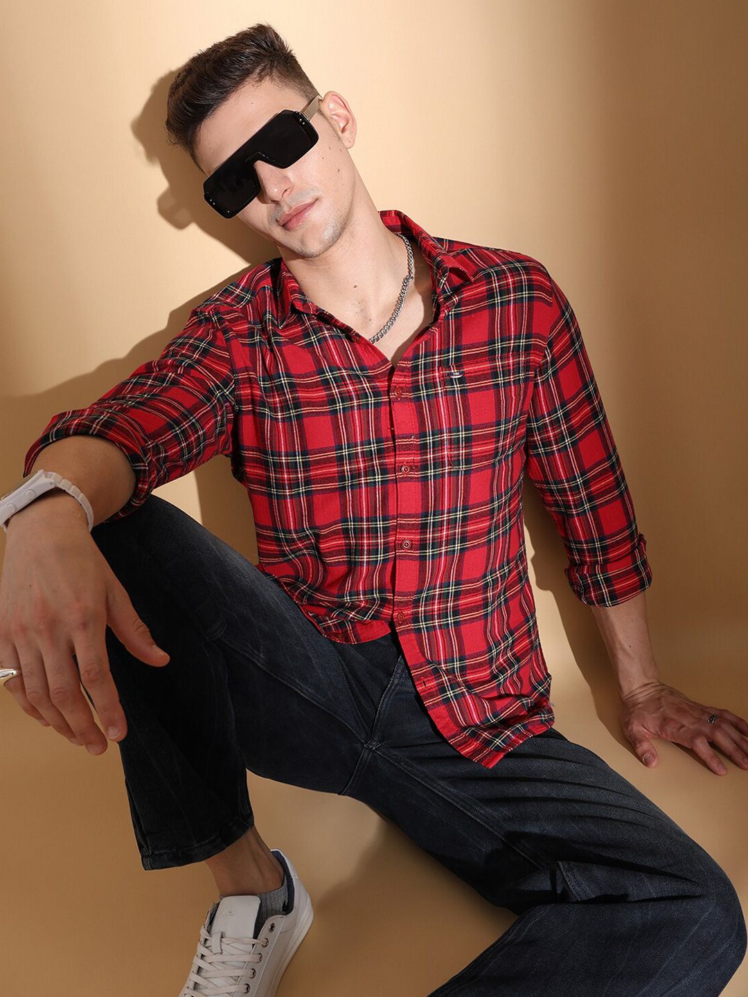 The Indian Garage Co Slim Fit Tartan Checked Pure Cotton Casual Shirt