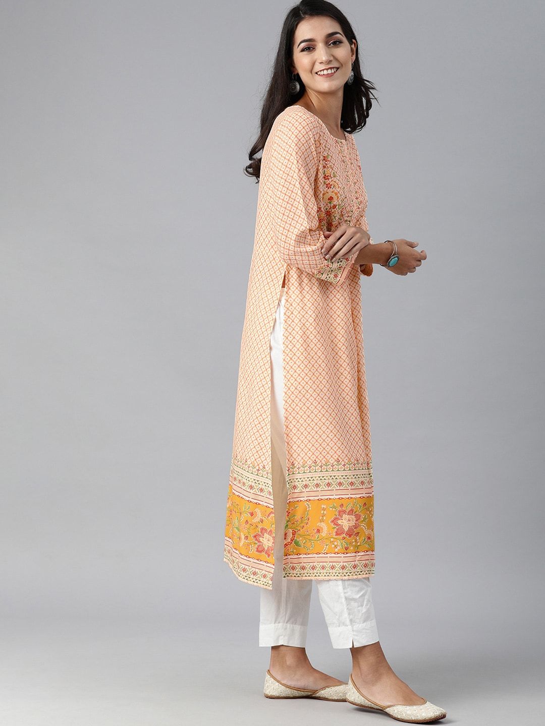 Global Desi Women Cream-Coloured & Orange Geometric Printed Kurta