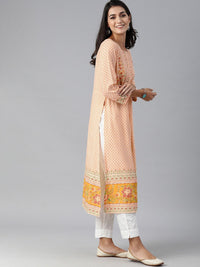 Global Desi Women Cream-Coloured & Orange Geometric Printed Kurta