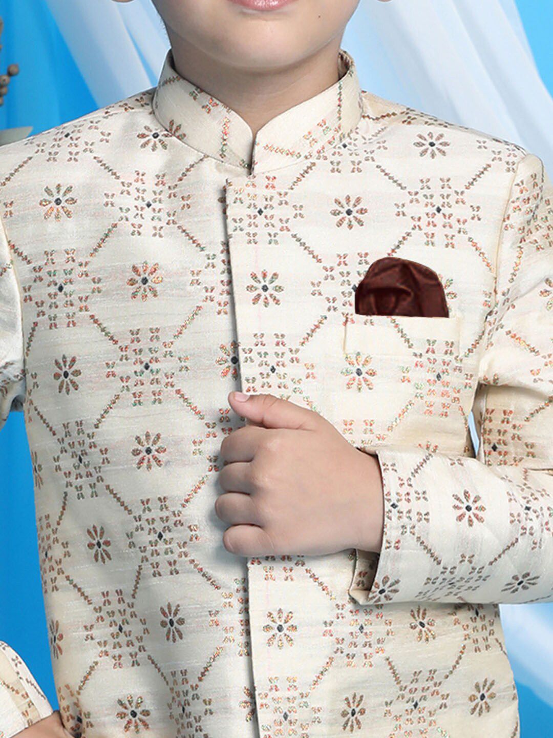 VASTRAMAY Infant Beige & Coffee Brown Woven-Design Sherwani Set