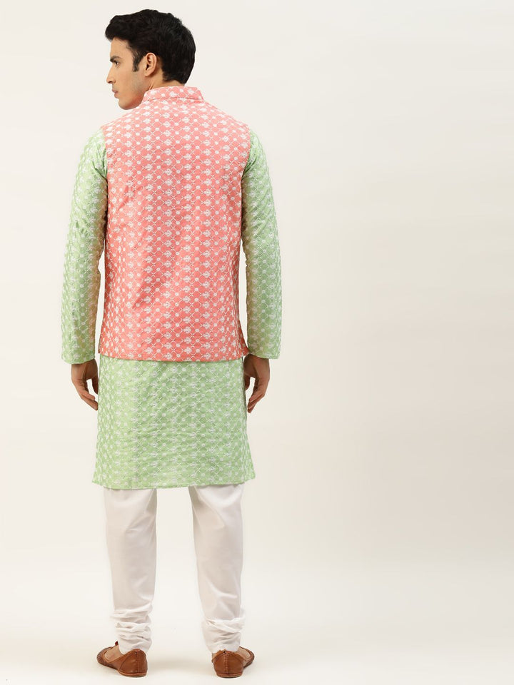 SOJANYA Men Green & White Embroidered Thread Work Kurta with Churidar & Nehru Jacket