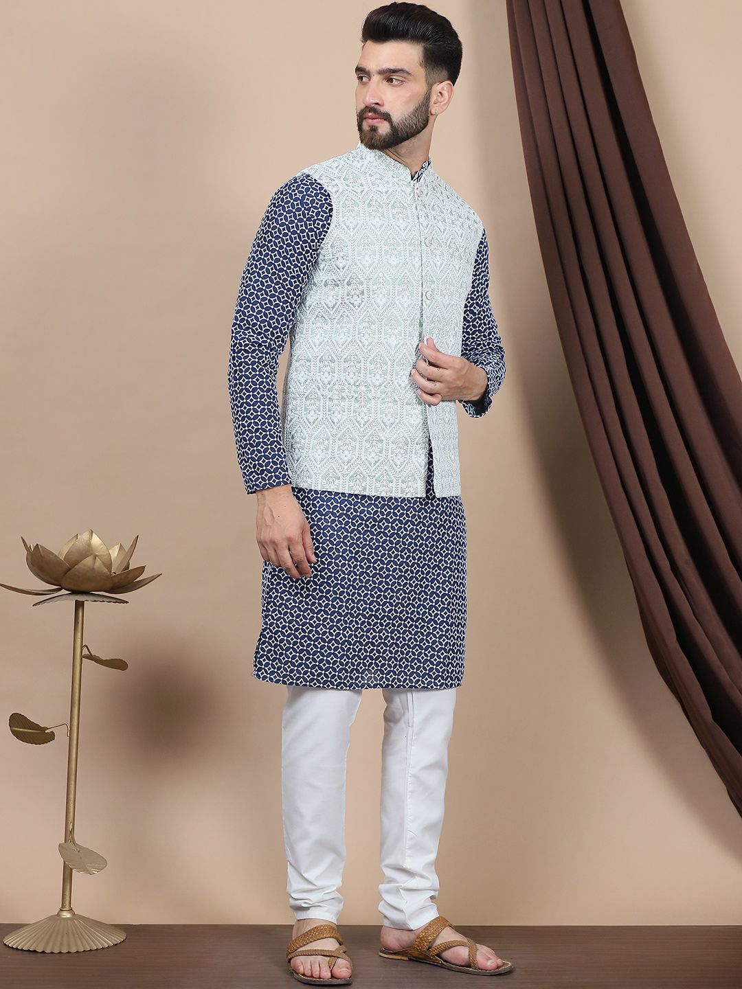 Anouk Navy Blue Floral Embroidered Pure Cotton Straight Kurta With Churidar & Nehru Jacket