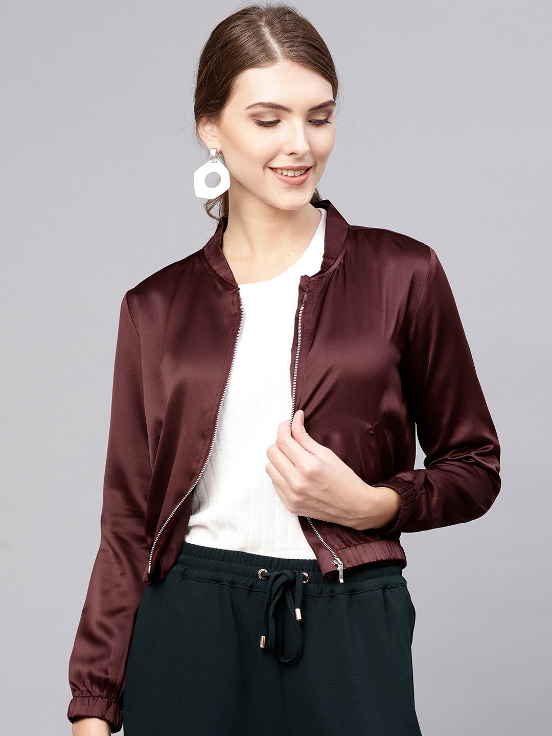 STREET 9 Women Burgundy Solid Satin Cropped Bomber Jacket