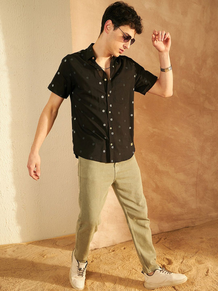 DENNISON Smart Polka Dot Printed Spread Collar Cotton Oversized Lightweight Shirt