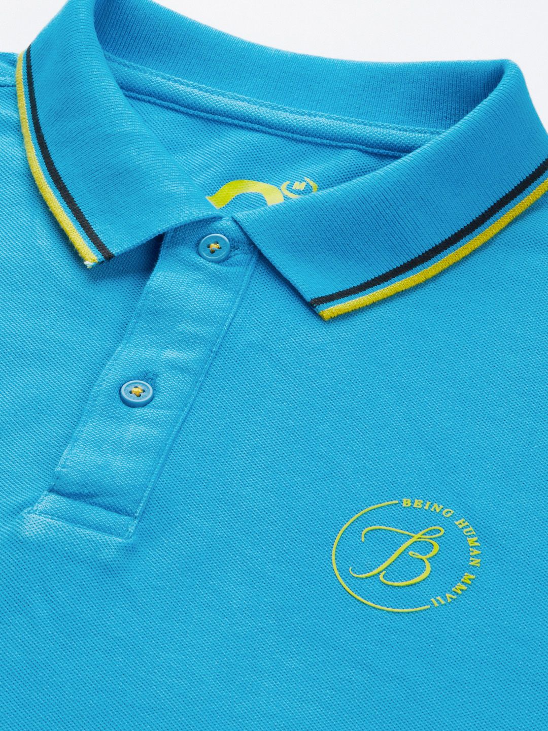 Being Human Men Blue Polo Collar Indigo Pure Cotton Slim Fit T-shirt With Brand Logo Print