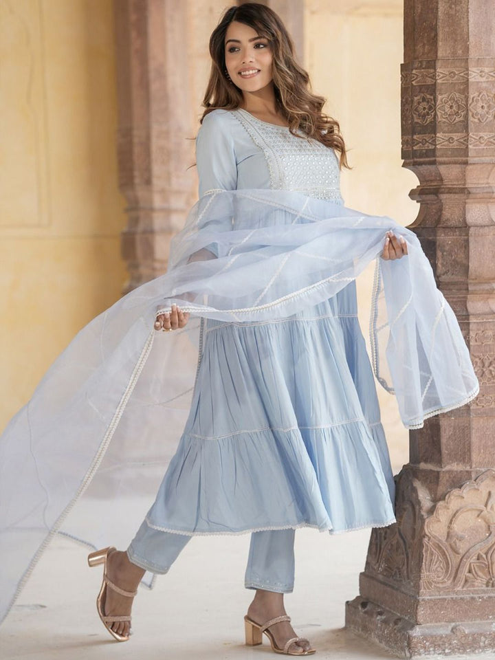 Kalini Geometric Yoke Design Mirror Work Cotton Pure Anarkali Kurta Trousers & Dupatta
