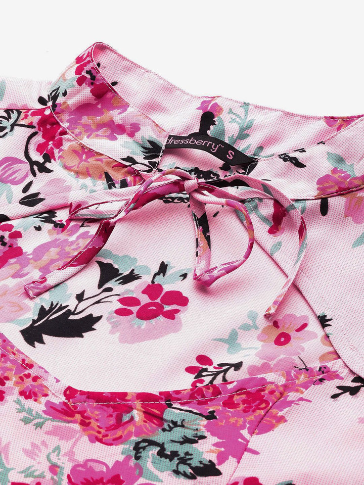 DressBerry Floral Print Tie-Up Neck A-Line Mini Dress