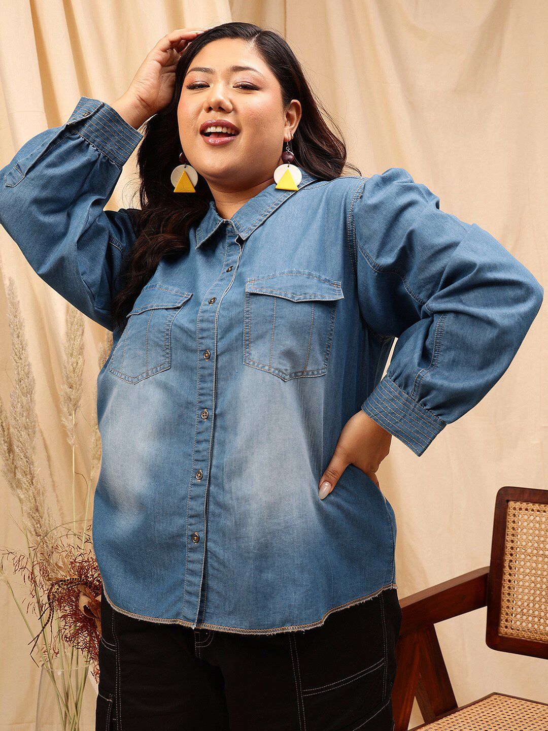 CURVY STREET Plus Size Cotton Comfort Opaque Denim Shirt