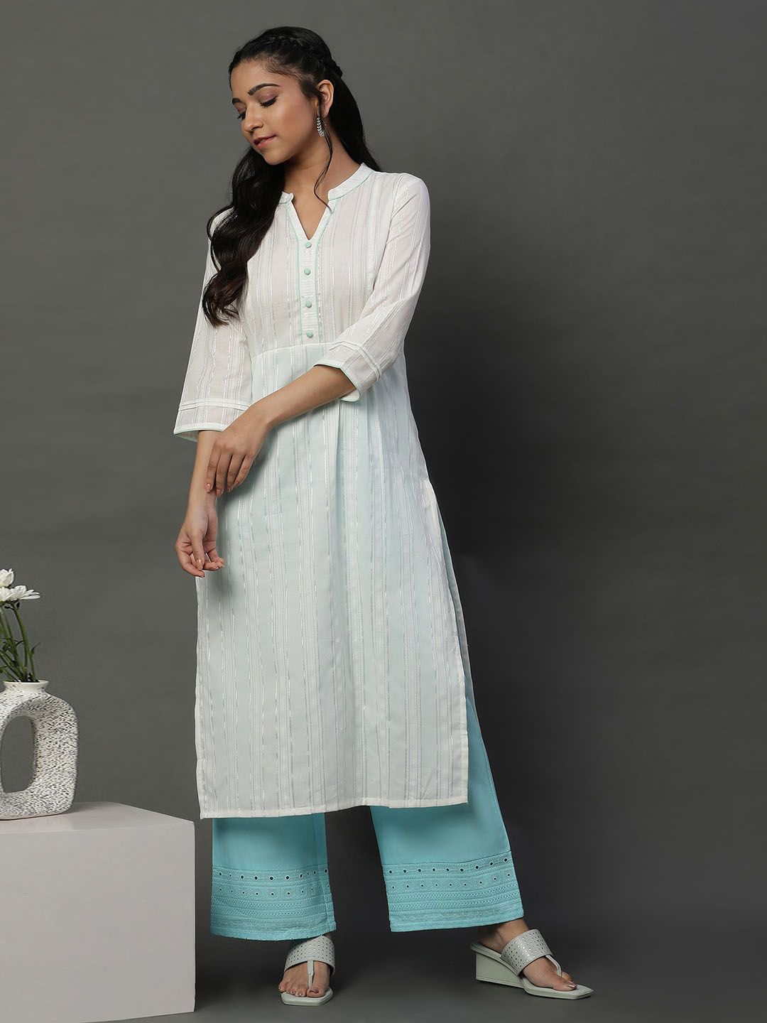 AURELIA Striped Mandarin Collar A-Line Kurta