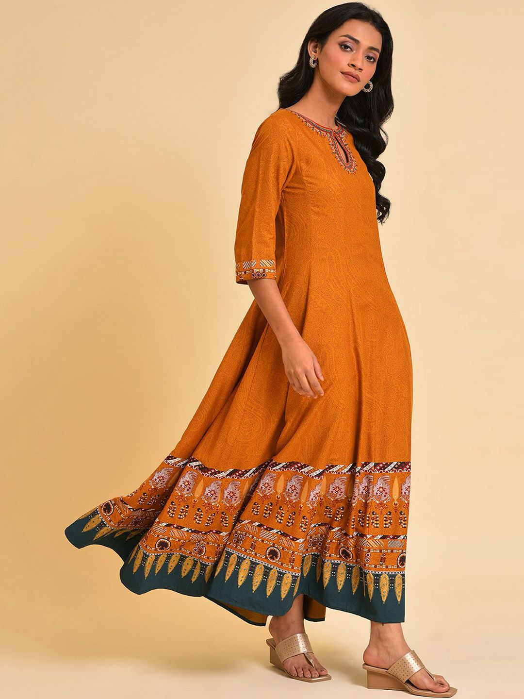 W Keyhole Neck Ethnic Motifs Printed Embellished A-Line Ethnic Dress