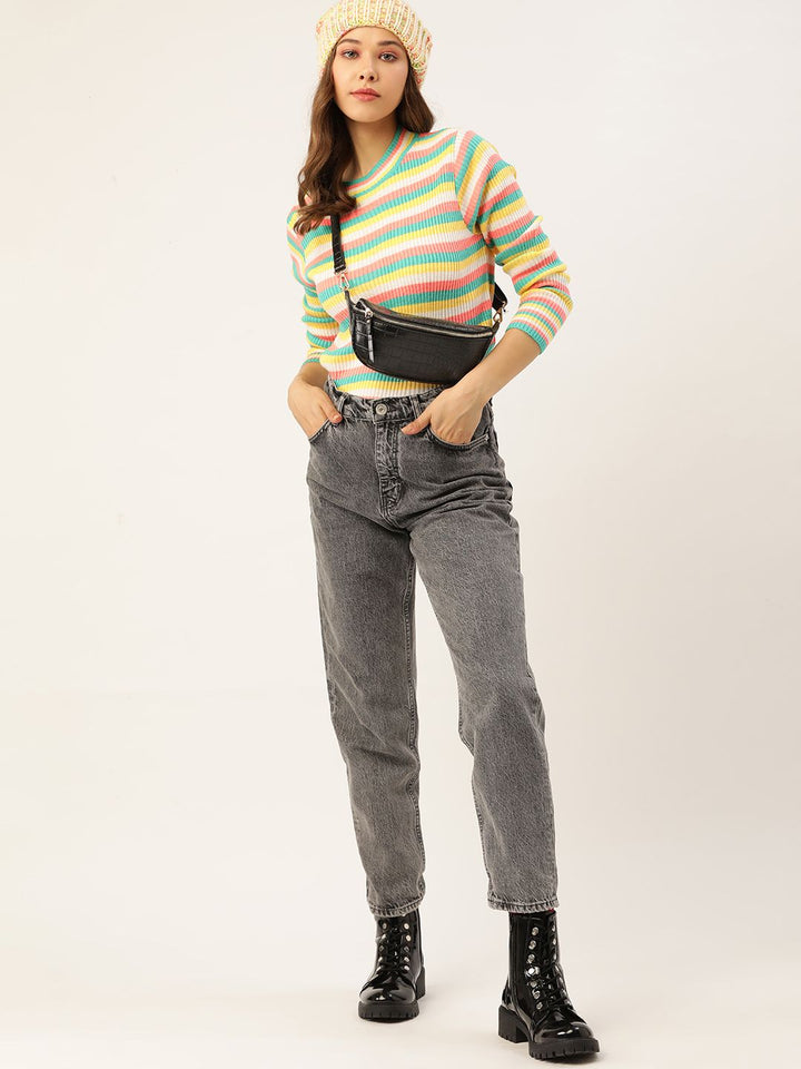 DressBerry Women Yellow & Green Striped Ribbed Pullover