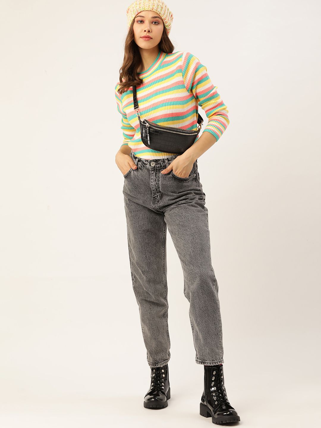 DressBerry Women Yellow & Green Striped Ribbed Pullover
