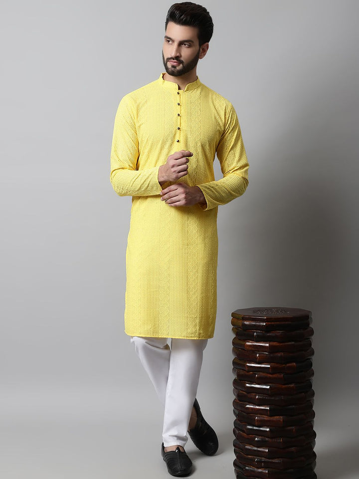 Jompers Men Yellow Thread Work Floral Kurta