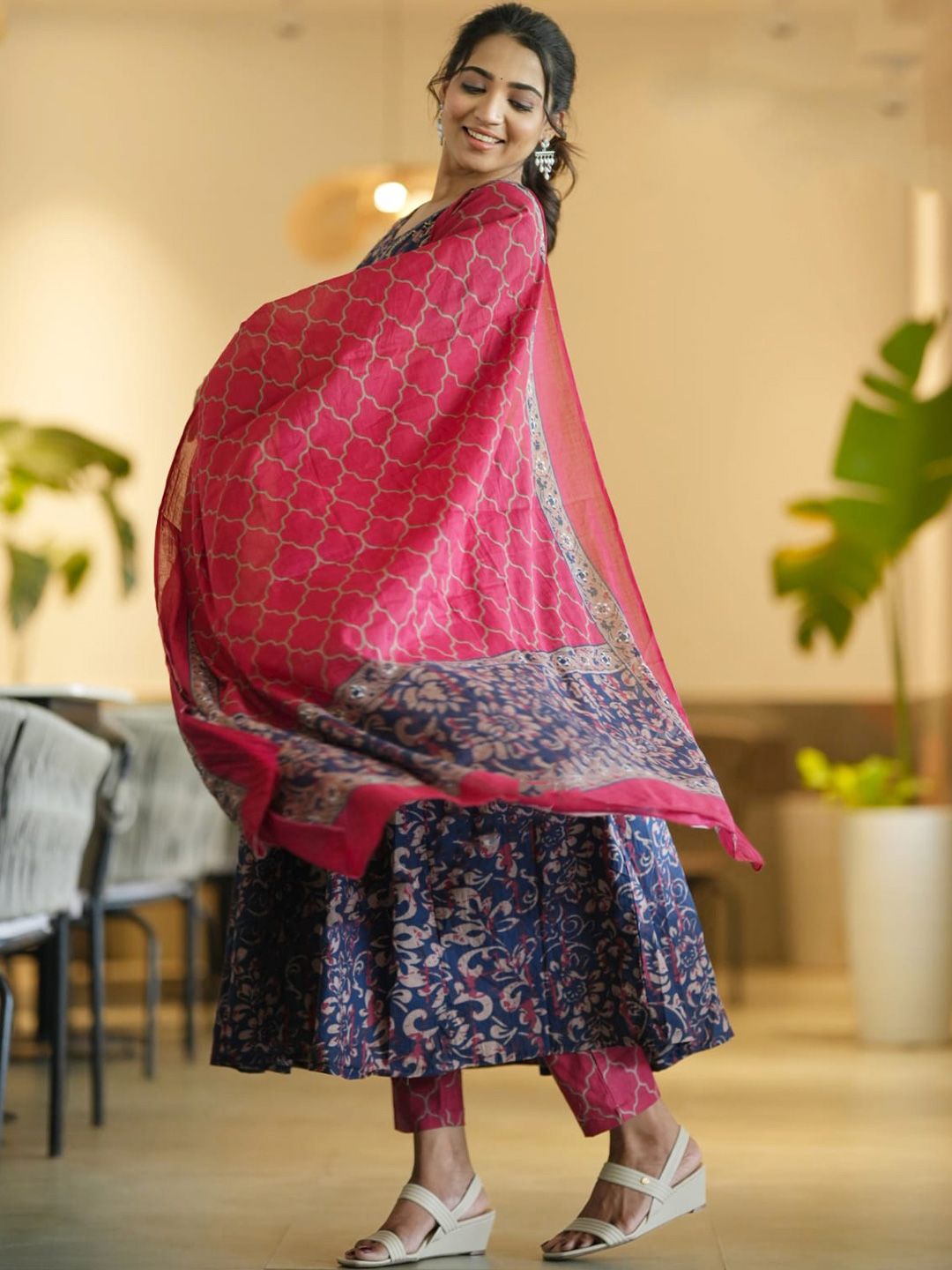 KALINI Floral Printed V-Neck Anarkali Kurta With Trousers And Dupatta