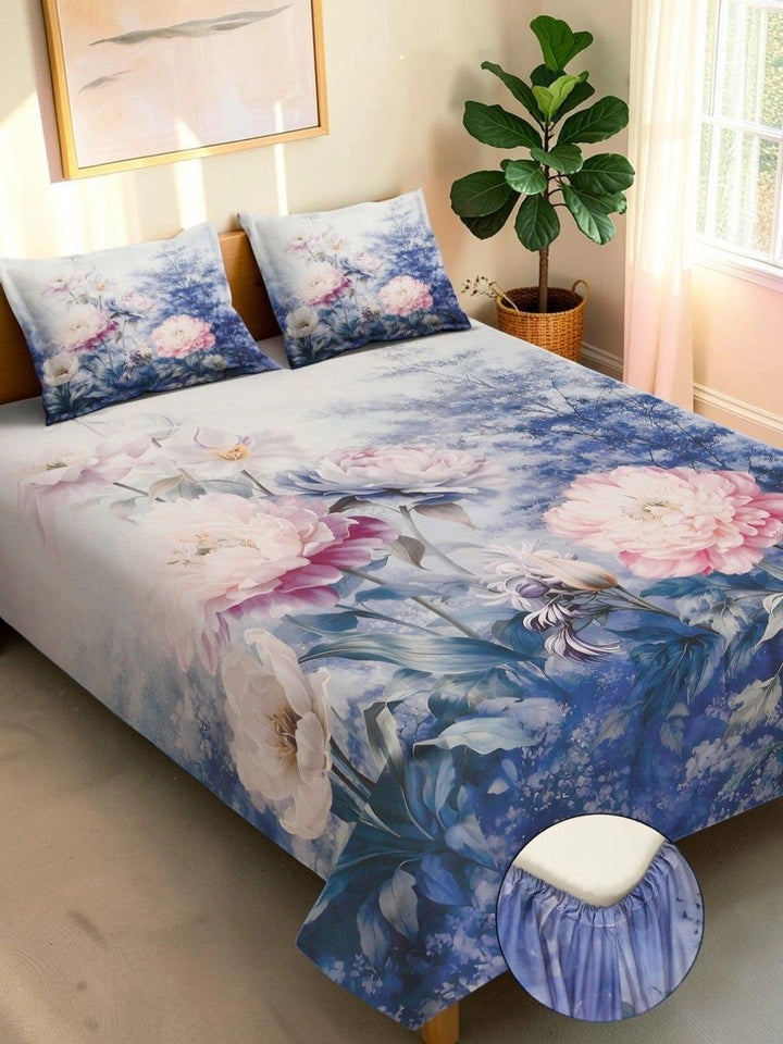 Moda Rapido X KLOTTHE Blue & White Floral 400 TC King Bedsheet with 2 Pillow Covers