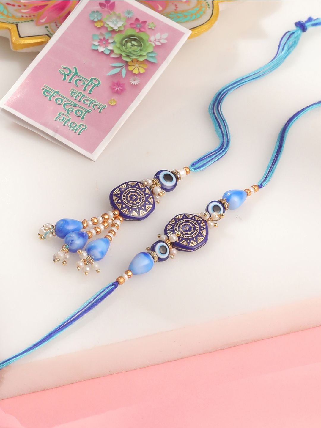 Set Mata Jahat NVR 2 Manik Tiruan Biru Bhaiya Bhabhi Rakhi dengan Roli Chawal