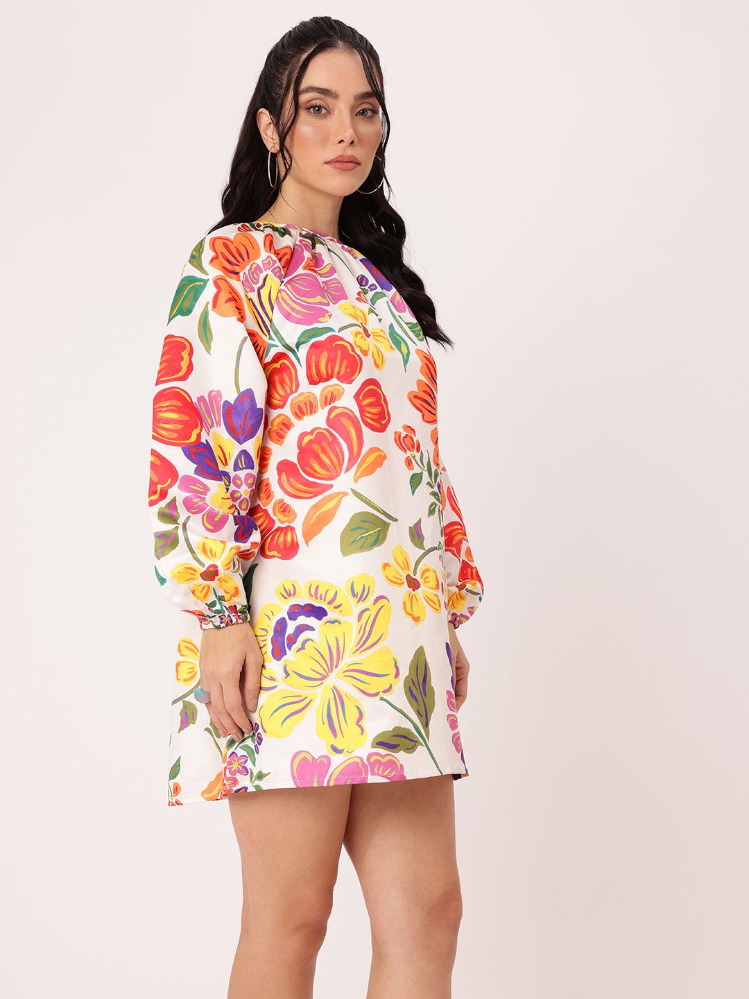 DressBerry Chic Vibrant Bloom Printed Gathered A-Line Mini Dress
