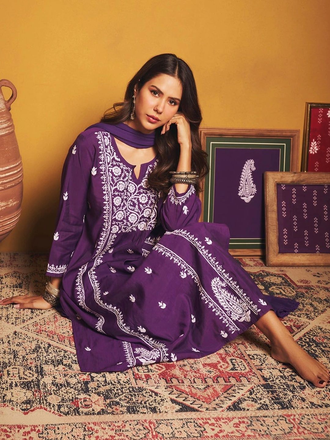 House of Chikankari Sonam Purple Chanderi Set Kurta Chikankari Dengan Dupatta
