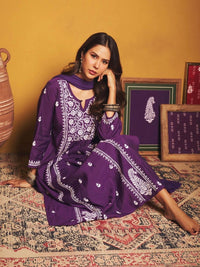 House of Chikankari Sonam Purple Chanderi Set Kurta Chikankari Dengan Dupatta