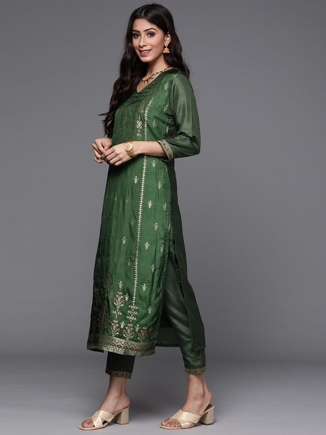 Libas Women Green & Gold Zari Woven Design Straight Kurta with Trousers & With Dupatta