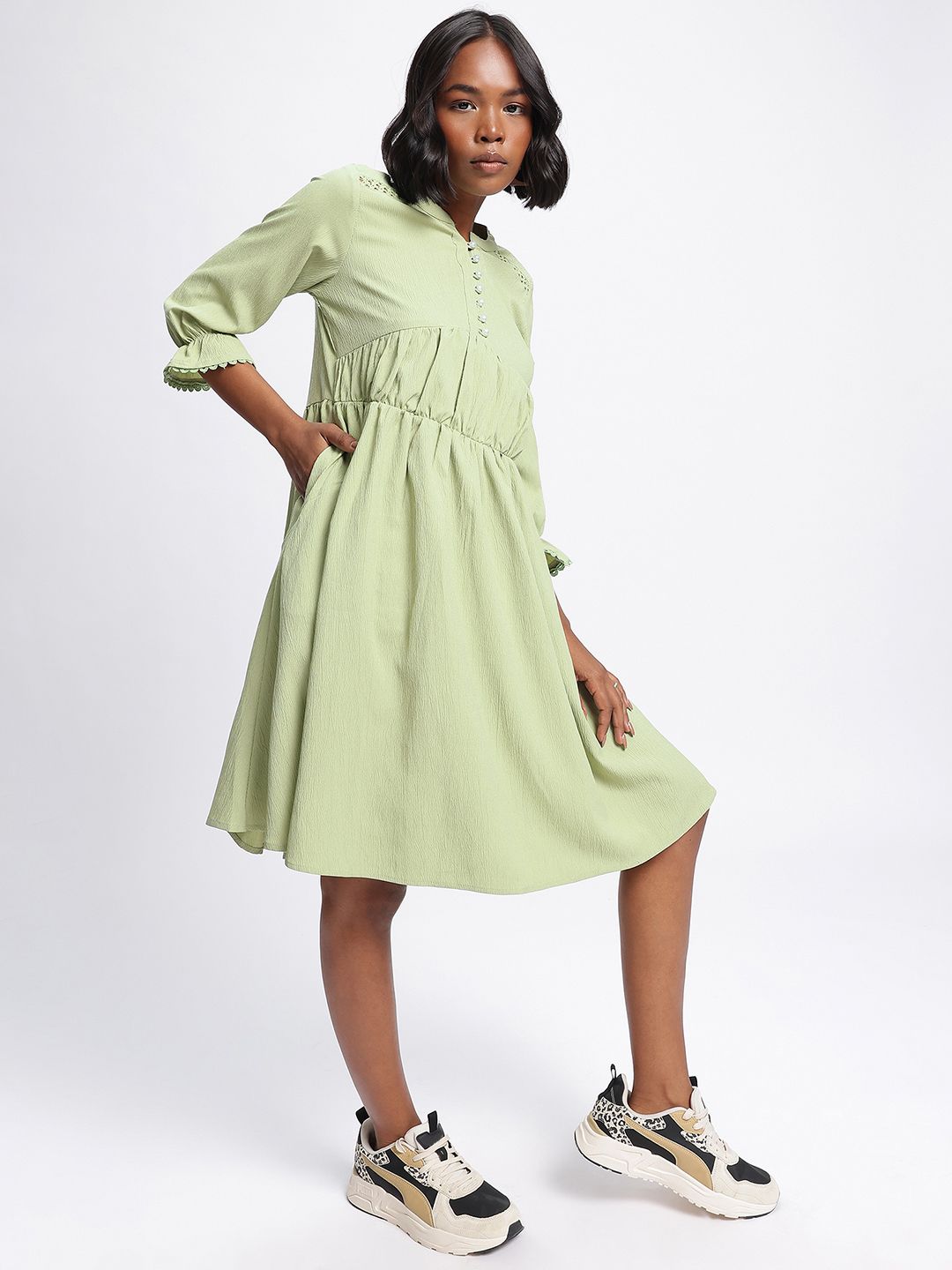 DressBerry Gathered Sophistication A-line Dress with Lace Insert