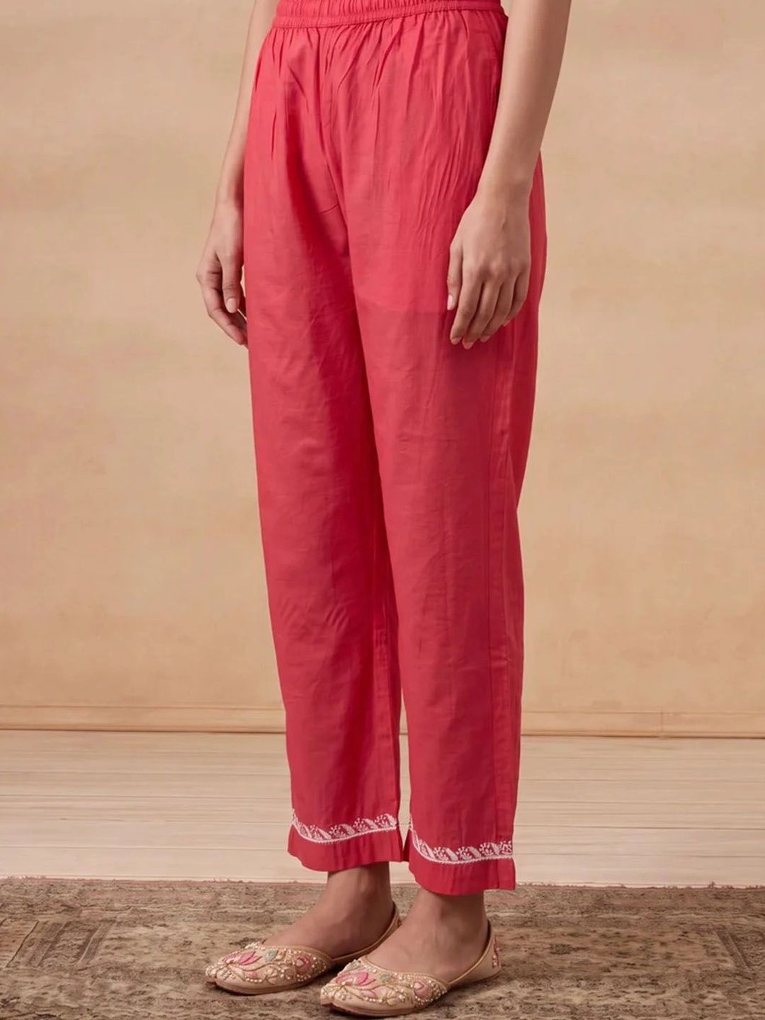House of Chikankari Women Ethnic Motifs Embroidered Regular Thread Work Chanderi Silk Kurta with Trousers