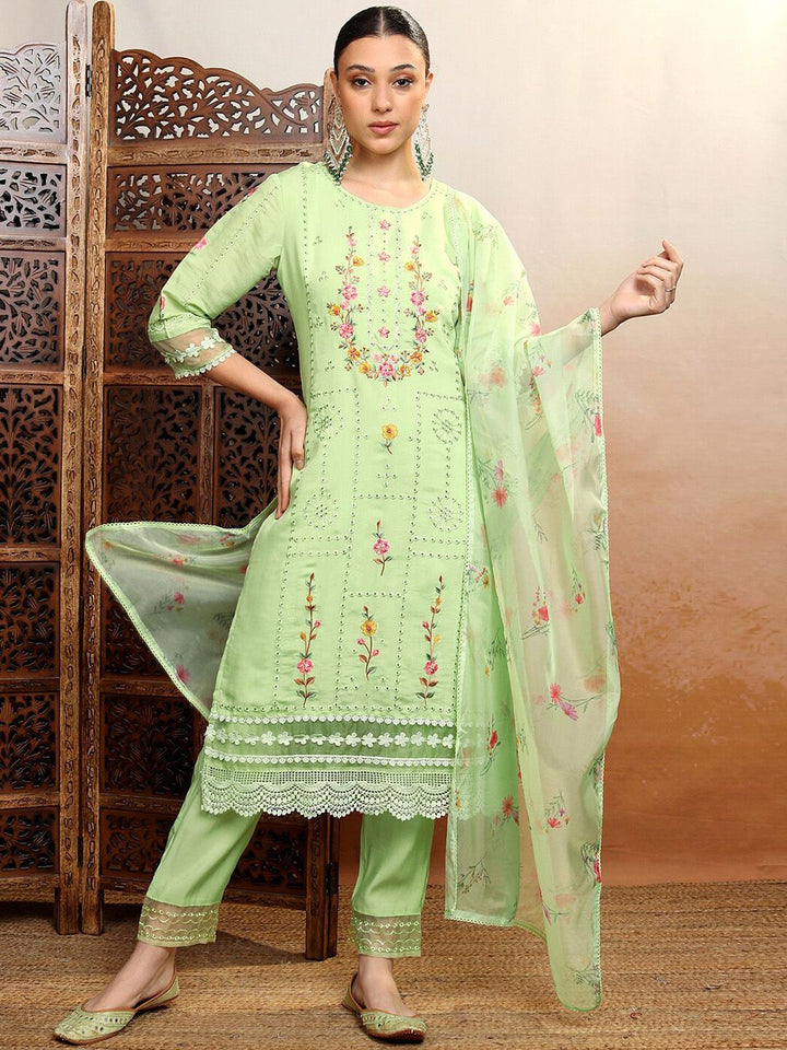 Vishudh Floral Embroidered Thread Work Straight Kurta With Trousers & Dupatta